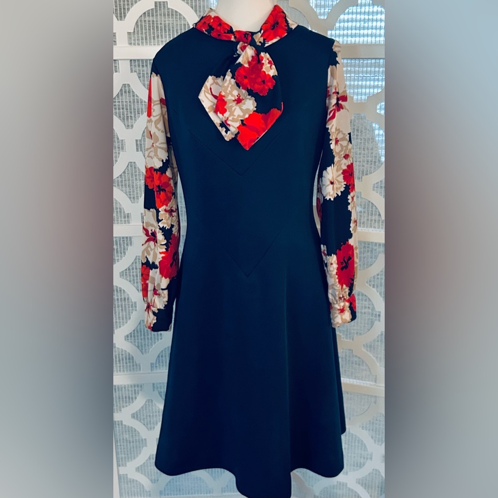 Vintage Navy Blue Dress Red Flowers 70s A Line Polyester 60s 1970s - Picture 7 of 15
